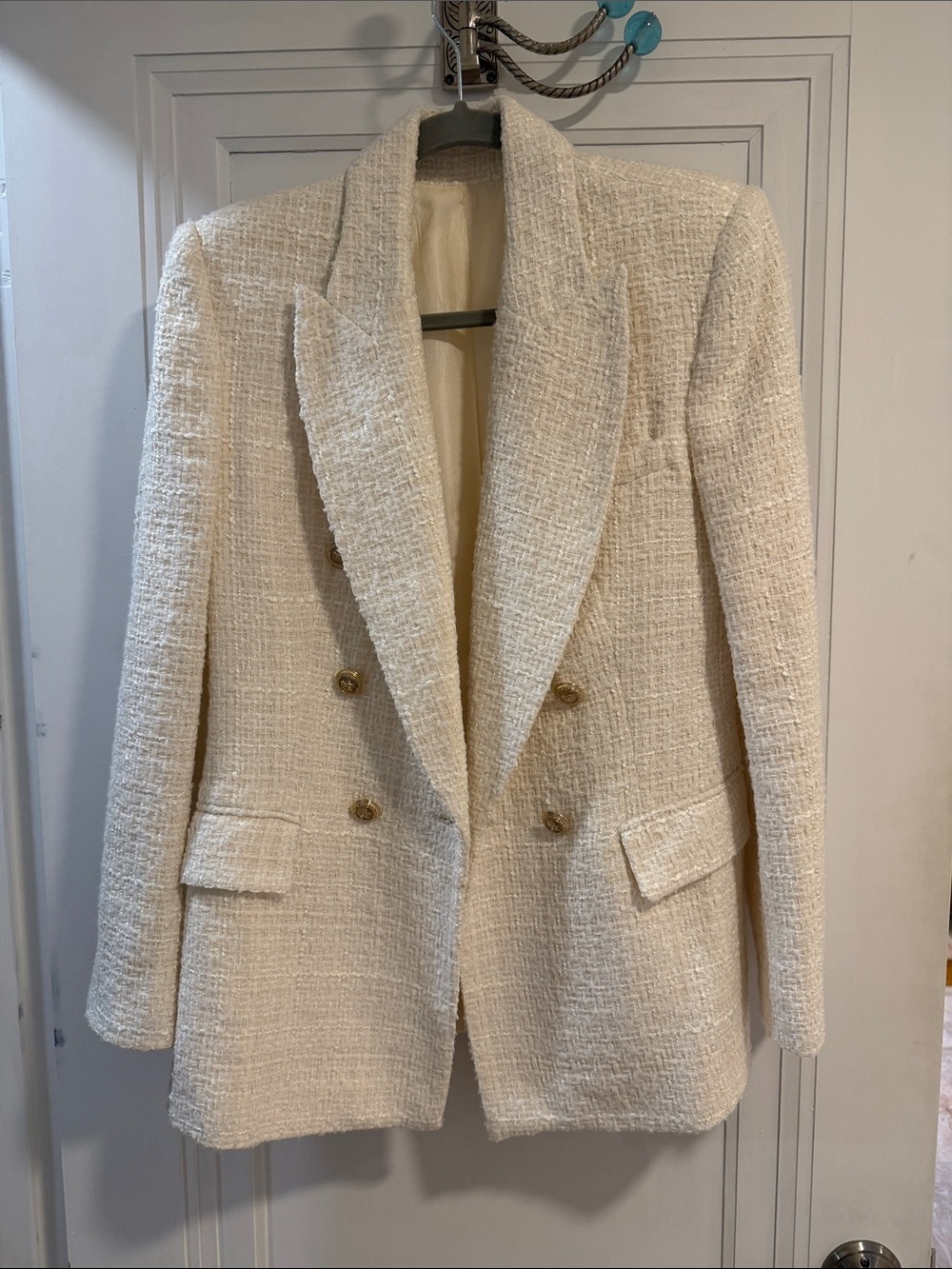 Zara Cream Tweed Double-Breasted Blazer with Gold Buttons